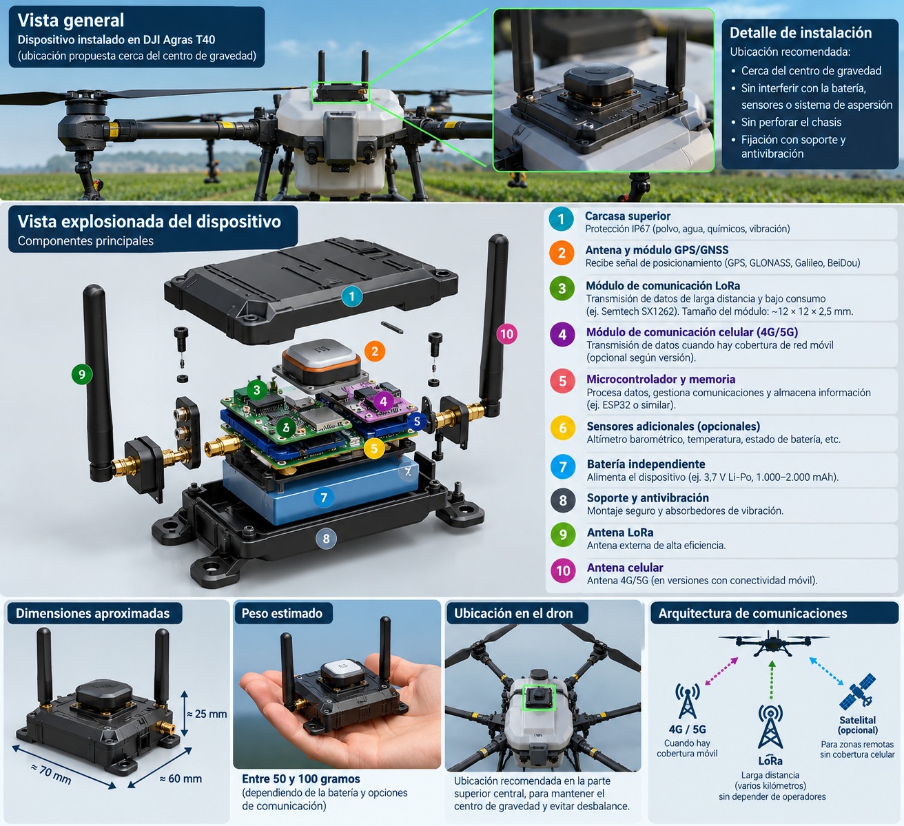 Diseño de referencia de NELY GPS: instalación en un DJI Agras T40, vista explosionada de componentes, dimensiones, peso, ubicación y arquitectura de comunicaciones